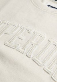 Sweatshirt beige clair avec des lettres blanches brodées bien en évidence. Le tissu est texturé avec une finition lisse et un col côtelé.