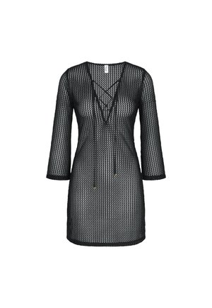 Tunique noire en résille avec manches trois-quarts, col en V et détail à lacets à l'avant.