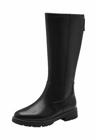 Black leather knee-high boot with a smooth finish, elastic side panel, and a low block heel; features a zipper closure on the back.