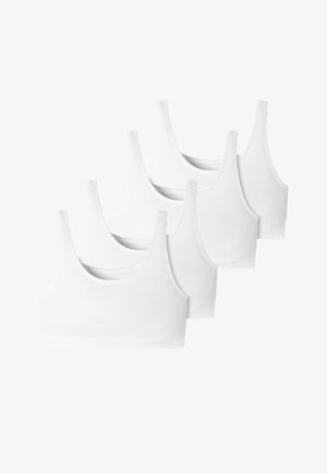 Viisi valkoista puuvillabralettia, joissa on pyöreä kaula-aukko ja leveät hihnat. Pehmeä rakenne, jossa on jatkuva nauha alareunassa.