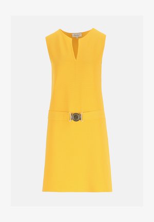 Ärmelloses gelbes Kleid mit V-Ausschnitt und angenähtem Gürtel mit rundem Metallverschluss in der Taille.