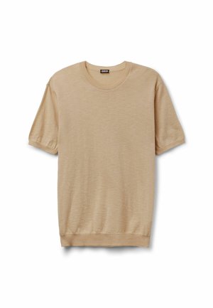 Pull en tricot beige à manches courtes avec col, poignets et ourlet côtelés, présenté à plat sur fond blanc.