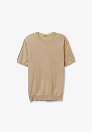 Pull en tricot beige à manches courtes avec col, poignets et ourlet côtelés, présenté à plat sur fond blanc.