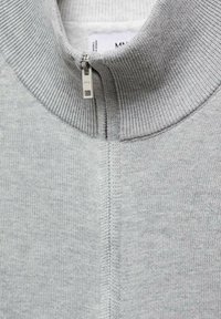 Primo piano di un maglione lavorato a maglia grigio chiaro con collo a costine e cerniera argentata parzialmente chiusa, che mostra l'etichetta del marchio all'interno del collo.