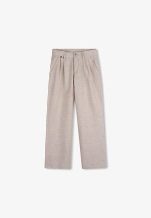 Bézs színű lenvászon nadrág laza szabással, egyenes elejű, két oldalzsebbel, gombos rögzítéssel és finom textúrával.