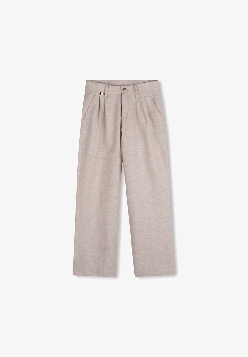 Μπεζ παντελόνι από λινό με άνετη γραμμή, διαθέτει ίσια μπροστινή όψη, δύο πλαϊνές τσέπες, κούμπωμα με κουμπί και διακριτή υφή.