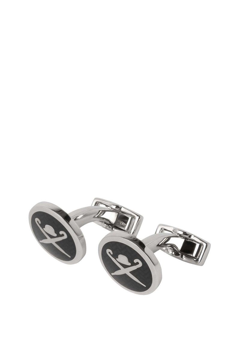 Cuflinksi srebrne boje s okruglim crnim umetcima koji prikazuju bijeli dizajn ukriženih mačeva i šešira, uz elegantan, polirani metalni završetak.