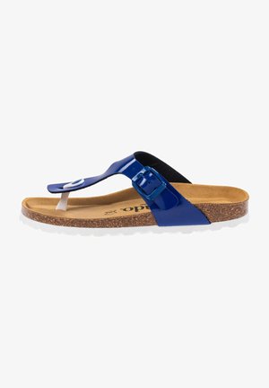 Blue flip-flop sandal with a glossy strap, adjustable buckle, cork footbed, and white rubber sole. Features a subtle circular accent.