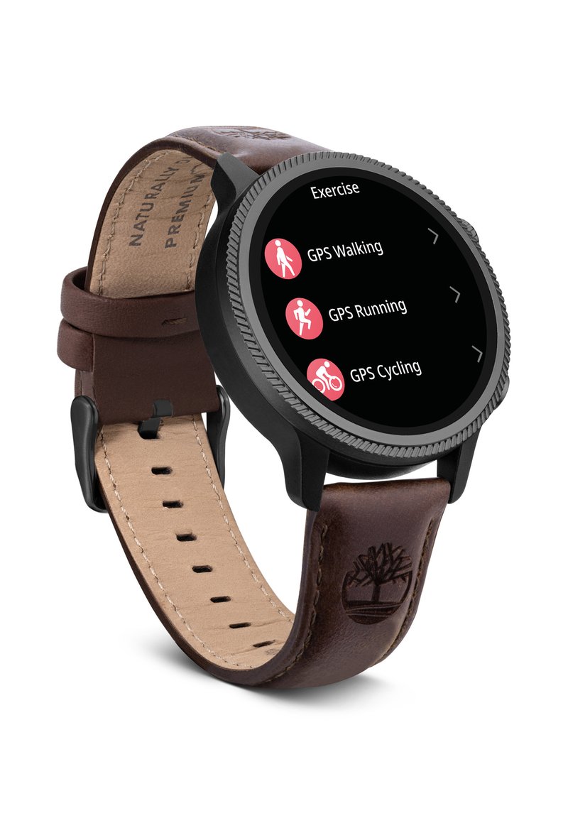 Round smartwatch with a black metal bezel and black touchscreen displaying exercise options. Brown leather strap with embossed logo and stitching.