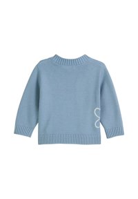 Hellblauer Strickpullover mit langen Ärmeln, gerippten Bündchen und Saum. Verfügt über ein weißes besticktes Blumendetail auf der linken Seite.