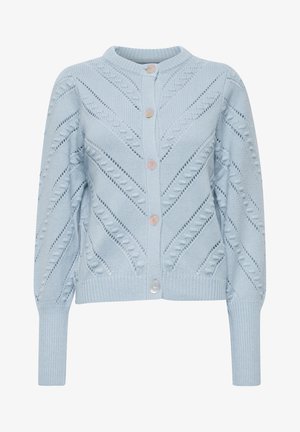 Svetlomodrá pletená cardigan s textúrovaným vzorom, s okrúhlym výstrihom a gombíkovým zapínaním vpredu. Hladké manžety a spodný lem.