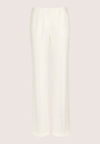 Cream-colored, straight-leg trousers with a smooth texture, front pleats, and side pockets. Includes a waistband for a secure fit.