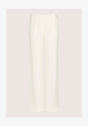 Hose in Cremefarbe mit geradem Bein, glatter Textur, vorderen Bügelfalten und seitlichen Taschen. Mit einem Bund für einen sicheren Sitz ausgestattet.