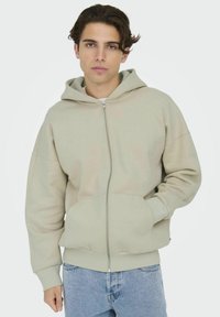 Lichtgrijze zip-up hoodie met een trekkoordcapuchon, voorzakken en geribbelde manchetten. Gladde textuur en ontspannen pasvorm.