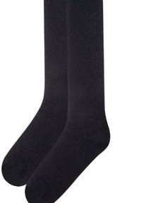Sorte knæhøje sokker med en glat tekstur, der har små røde prikker jævnt fordelt over overfladen. Klassisk design og behagelig pasform.