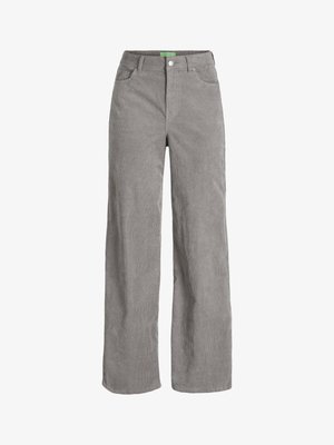 Pantaloni in velluto a coste grigi, a gamba larga, con chiusura a bottone e passanti per cintura. Presentano due tasche laterali e un tessuto morbido e testurizzato.