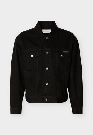 Melna džinsa jaka ar pogām, divām krūšu kabatām ar atloki, garām piedurknēm un punktētu apkakli.