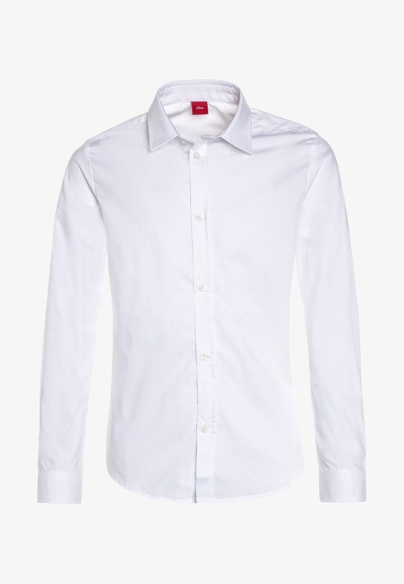 Chemise blanche à manches longues avec un col classique, fermeture à boutons sur le devant et texture en coton lisse. Étiquette rouge à l'intérieur du col.