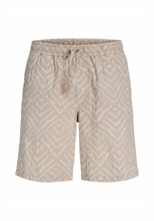 Shorts texturés beige clair avec taille élastique, cordon de serrage et motif géométrique subtil, style décontracté longueur genou.