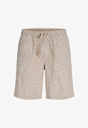 Hellbeige strukturierte Shorts mit elastischem Bund, Kordelzug und dezentem geometrischem Muster, knieumspielender Freizeitstil.