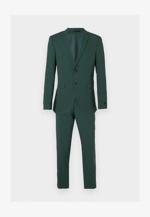 Green suit with a tailored fit, single-breasted jacket, two buttons, one chest pocket, and matching trousers, made from smooth fabric.