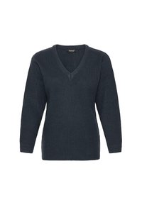 Mörkgrå ribbad stickad tröja med V-ringning och långa ärmar i en avslappnad passform. Tillverkad av ett mjukt, texturerat tyg.