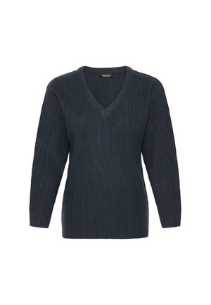 Ciemnoszary sweter z prążkowanego dzianiny z dekoltem w kształcie litery V i długimi rękawami o luźnym kroju. Wykonany z miękkiej, teksturowanej tkaniny.