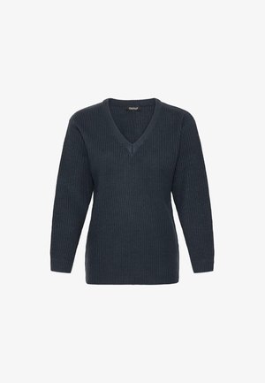 Ciemnoszary sweter z prążkowanego dzianiny z dekoltem w kształcie litery V i długimi rękawami o luźnym kroju. Wykonany z miękkiej, teksturowanej tkaniny.