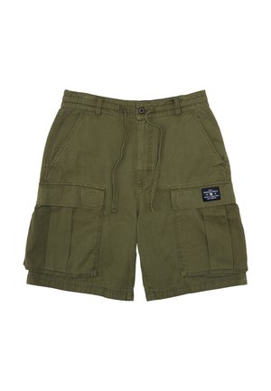 Olivově zelené cargo šortky vyrobené z bavlny, s několika bočními kapsami, stažením v pase a štítkem na pravé kapse.