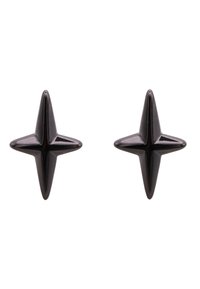 Sorte metallstjerneformede øreringer med en poleret finish, med spidse ender og et tredimensjonalt design.
