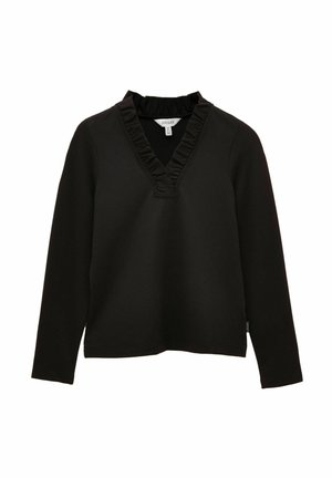 Čierny top s dlhým rukávom s volánovým výstrihom do V, rovný lem a priliehavé manžety, zobrazený na bielom pozadí.