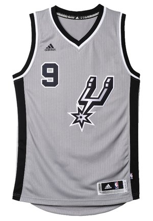 Maillot de basketball sans manches gris et noir avec le numéro 9, logo Adidas, emblème des San Antonio Spurs et étiquette NBA en bas.