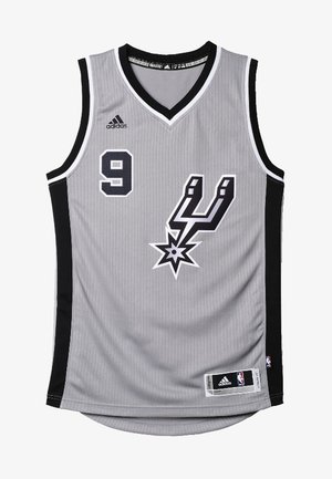 Maillot de basketball sans manches gris et noir avec le numéro 9, logo Adidas, emblème des San Antonio Spurs et étiquette NBA en bas.