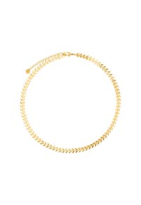 Collier en chaîne dorée avec un design en forme de feuille, maillons plats et un fermoir ajustable avec une chaîne supplémentaire pour personnaliser la longueur.