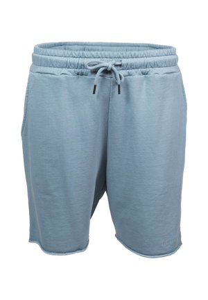 Shorts en coton bleu clair avec taille élastique et cordon, avec poches latérales et bords bruts.