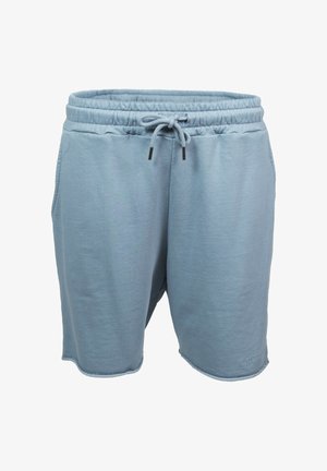 Light blue cotton shorts with elastic waistband and drawstring, featuring side pockets and raw hem edges.