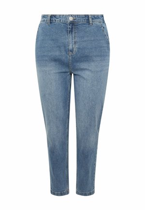 Vaqueros de mezclilla azul medio de talle alto con pierna recta, botonadura frontal, cremallera, trabillas para cinturón y bolsillos laterales, mostrados sobre un fondo blanco.