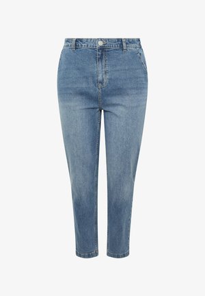 Jeans in denim blu medio a vita alta con gambe dritte, bottoni frontali, cerniera, passanti per cintura e tasche laterali, mostrati su sfondo bianco.