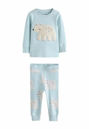 Jasnoniebieski zestaw piżamowy składa się z długiego rękawa z haftem w kształcie polarnego misia oraz pasujących spodni z nadrukiem polarnego misia.