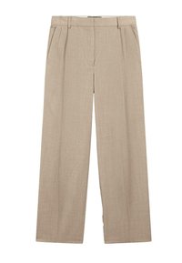 Pantalons larges beiges avec passants de ceinture, poches latérales, plis avant et taille haute, fabriqués en tissu léger.