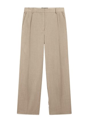Beige weit geschnittene Hosen mit Gürtelschlaufen, Seitentaschen, Frontfalten und hoher Taille, aus einem leichten Stoff gefertigt.