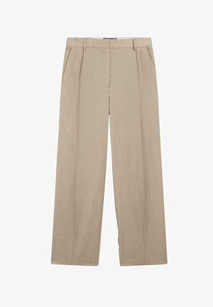 Beige wijde broek met riemlussen, zijzakken, voorplooien en een hoge taille, gemaakt van een lichtgewicht stof.