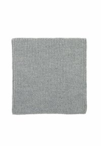 Accessorio grigio lavorato a maglia di forma rettangolare, con una texture a costine e cuciture uniformi. Lo spessore suggerisce calore e comfort.