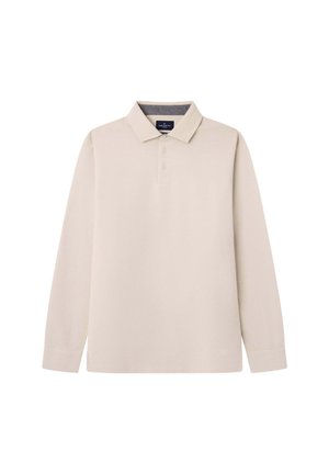 Beige Langarm-Poloshirt mit Kragen, drei-Knopf-Leiste und grauem Innenkragen. Hergestellt aus glattem Stoff, mit einem minimalistischen Design.