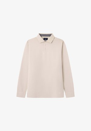 Beige Langarm-Poloshirt mit Kragen, drei-Knopf-Leiste und grauem Innenkragen. Hergestellt aus glattem Stoff, mit einem minimalistischen Design.