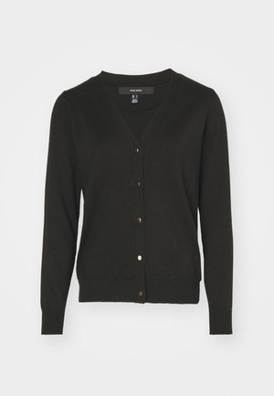 Zwarte cardigan met een V-hals, lange mouwen en goudkleurige knopen. Het materiaal voelt zacht aan en heeft een gladde textuur.