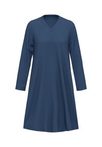 Abito blu navy con scollo a V e maniche lunghe. Realizzato in tessuto morbido, presenta una vestibilità rilassata e una forma ad A per un indossare confortevole.