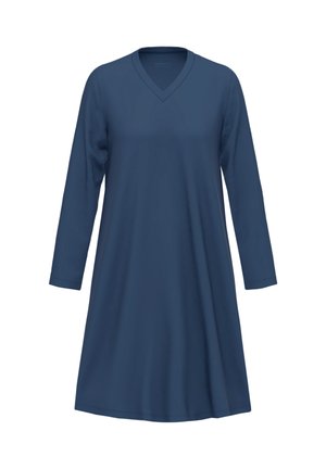 Marineblå kjole med v-udskæring og lange ærmer. Lavet af blødt stof, med en afslappet pasform og en A-formet silhouette for komfortabel brug.