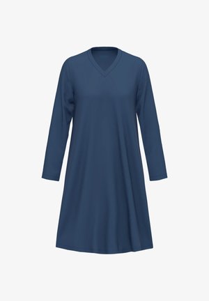 Marineblå kjole med v-udskæring og lange ærmer. Lavet af blødt stof, med en afslappet pasform og en A-formet silhouette for komfortabel brug.