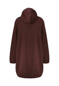 Burgunderfarbener, übergroßer, kapuzierter Fleece-Artikel mit strukturiertem Material, langen Ärmeln und abgerundetem Saum, der für Komfort und Wärme konzipiert ist.